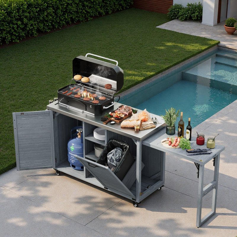 Îlot de cuisine extérieur avec table de barbecue pliable, rangement pour poubelle, plateau en acier inoxydable, grande armoire de rangement et tablettes ouvertes