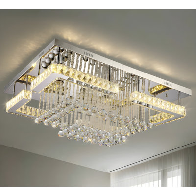 Crystal LED Ceiling Light, Stainless Steel K9 Modern Flush Mount Fixture, Square Chandelier with Glass Droplets. Ideal Ceiling Lamp for Dining Room, Living Room, Bedroom, and Office.