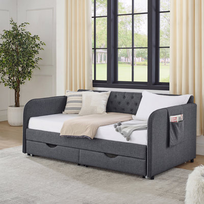 Twin Size Upholstery Trundle Daybed Bed And Two Storage Drawers, Flat Arms With Pocket, Extendable Daybed