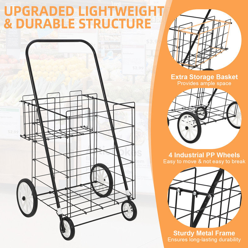 Chariot utilitaire avec panier double, chariots à roulettes pliables pour l'épicerie