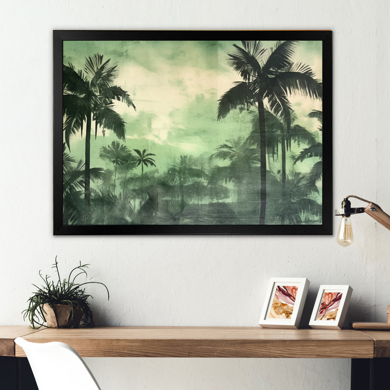 Palmier monochrome II sur toile, Cadre simple noir, H 24 po x l 32 po x P 1 po
