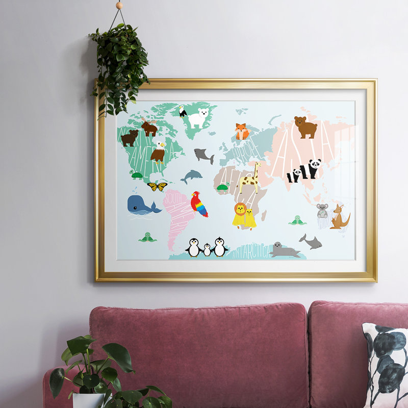 Carte des animaux - Carte du monde vintage, encadrée sous verre acrylique, décoration murale pour bureau et bibliothèque, Or