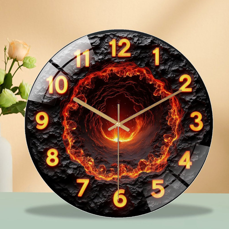 Volcano Lava Fire Clock Wall Decor Art - 12'' Modern Glass Wall Clock