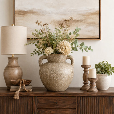 Rustic Textured Terracotta Table Vase with Handles for Entryway, or Shelf Accent - Contemporary Tall Flower Vase for Living Room or Home Decor - 13"