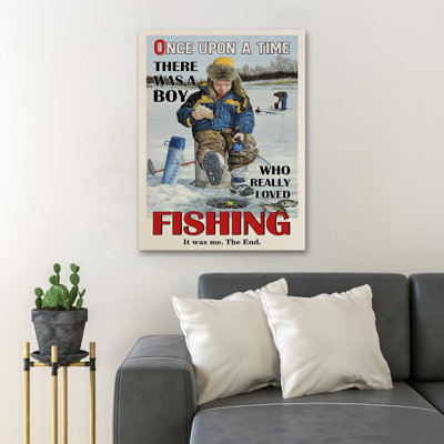«Boy Fishing On Ice Lake» - Reproduction d'art graphique rectangulaire sur toile tendue 1 pièce