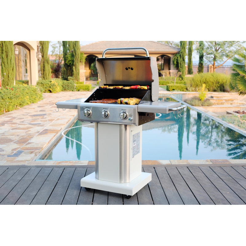 Kenmore 3-Burner Propane Gas Grill with Foldable Side Tables for Outdoor BBQ, Pearl