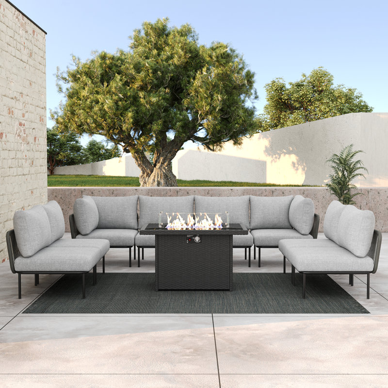 Outdoor Patio Woven Rope Wicker Modular 9 Pieces Sectional Set With Fire Pit Table And Cushions, Light Grey