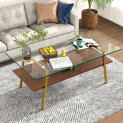 Mariabella 3-Piece Living Room Table Set with Glass Top, Metal Legs & 2-Tier Storage Shelves, Includes 1 Coffee Table & 2 Side Tables by Wrought Studio