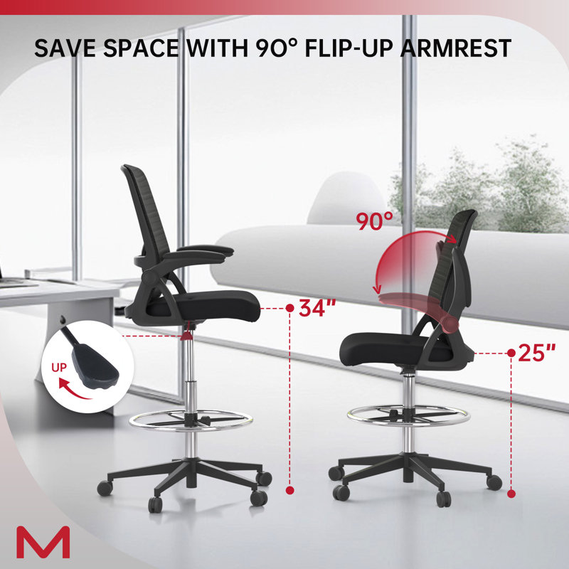 Drafting Chair For Standing Desk With Locking Casters, Tall Office Chair With Foot Ring, Adjustable Lumbar Support, 300 Lbs Capacity