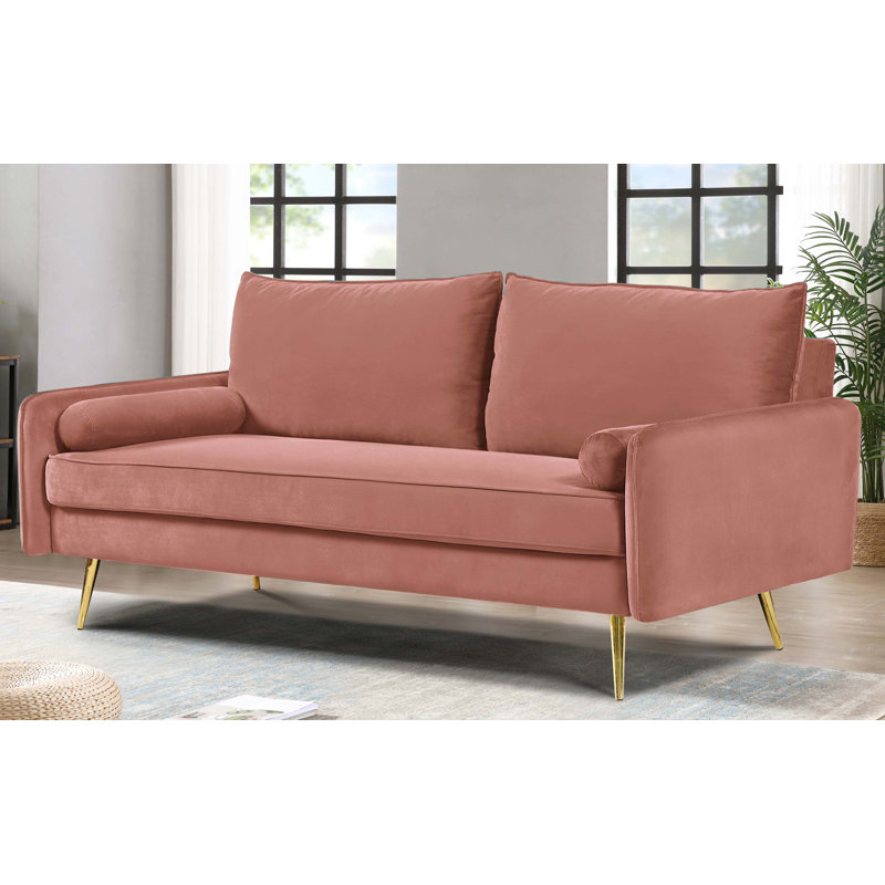 Canapé Mid-Century en velours avec détails cloutés et pieds dorés, Velours rose