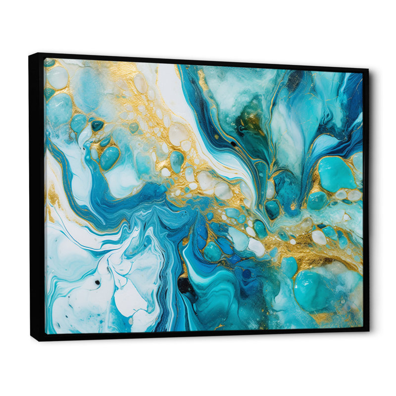 Turquoise de luxe abstrait, art fluide, impression sur toile abstraite, H 12 po x l 20 po x P 1 po, Cadre flottant noir
