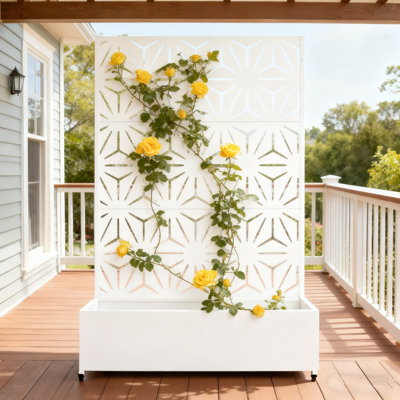 Metal Planter Wall with Trellis and Wheels, Mobile Outdoor Elevated Garden Bed, Dual-Purpose for Privacy Decoration and Planting, with Drainage Holes, for Climbing Plants, Vegetables, and Vining Flowers 