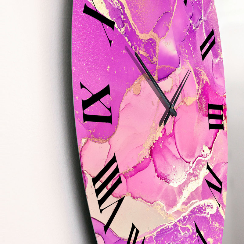 Horloge murale moderne rose et or fuchia liquide I, Moyen