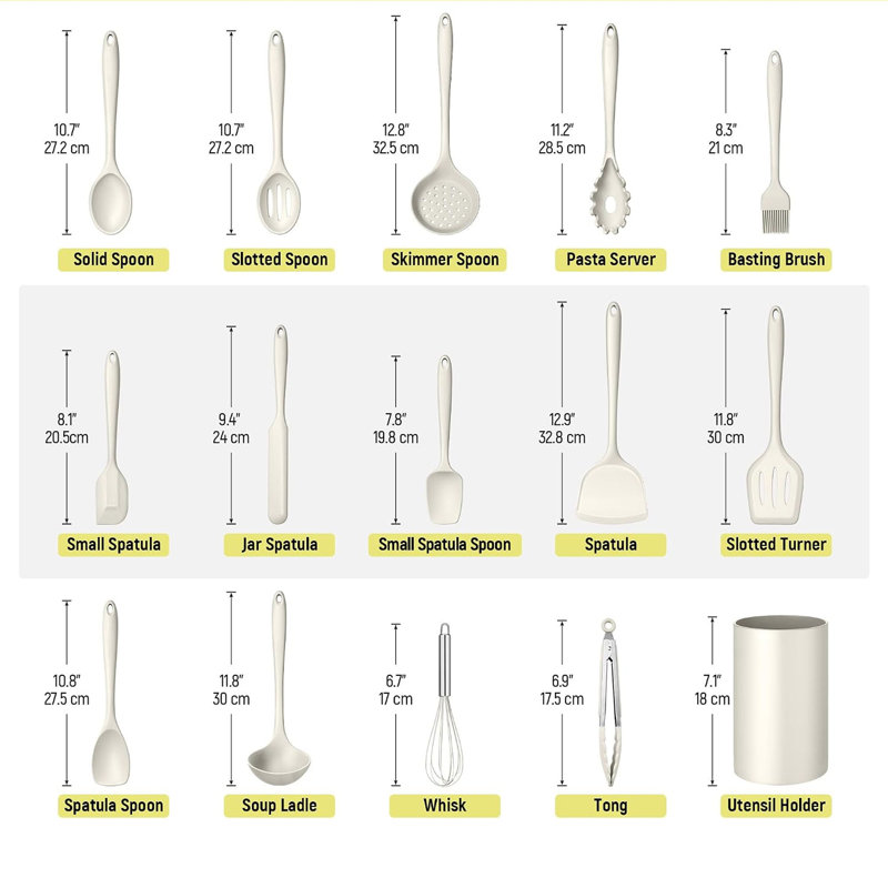 Ensemble de 15 ustensiles de cuisine en silicone, blanc.