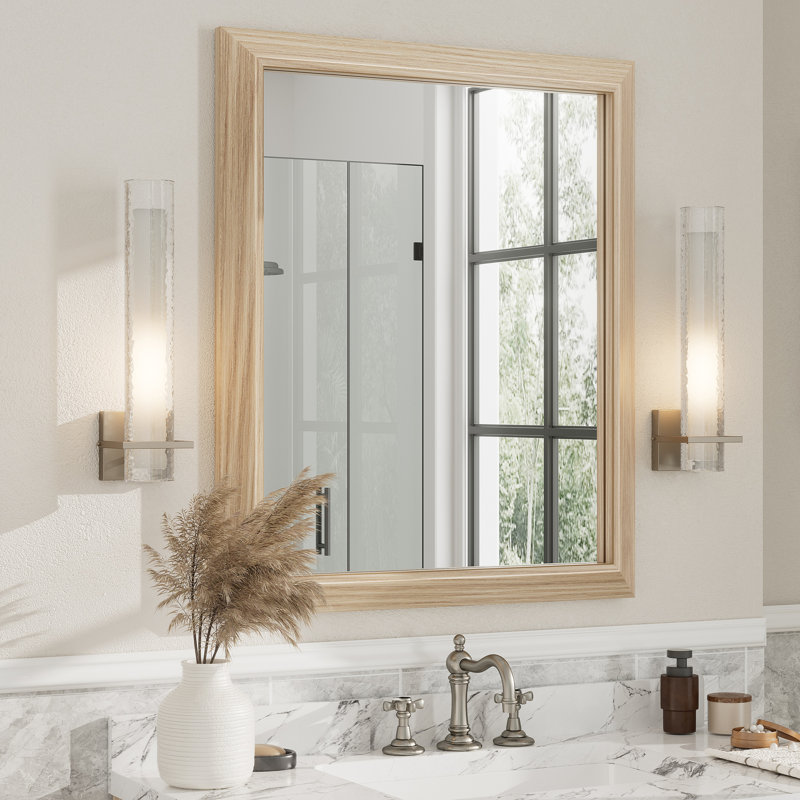 Amara Tempered Glass Mounted Wall Mirror, 36" x 30", Light Yellow Wood