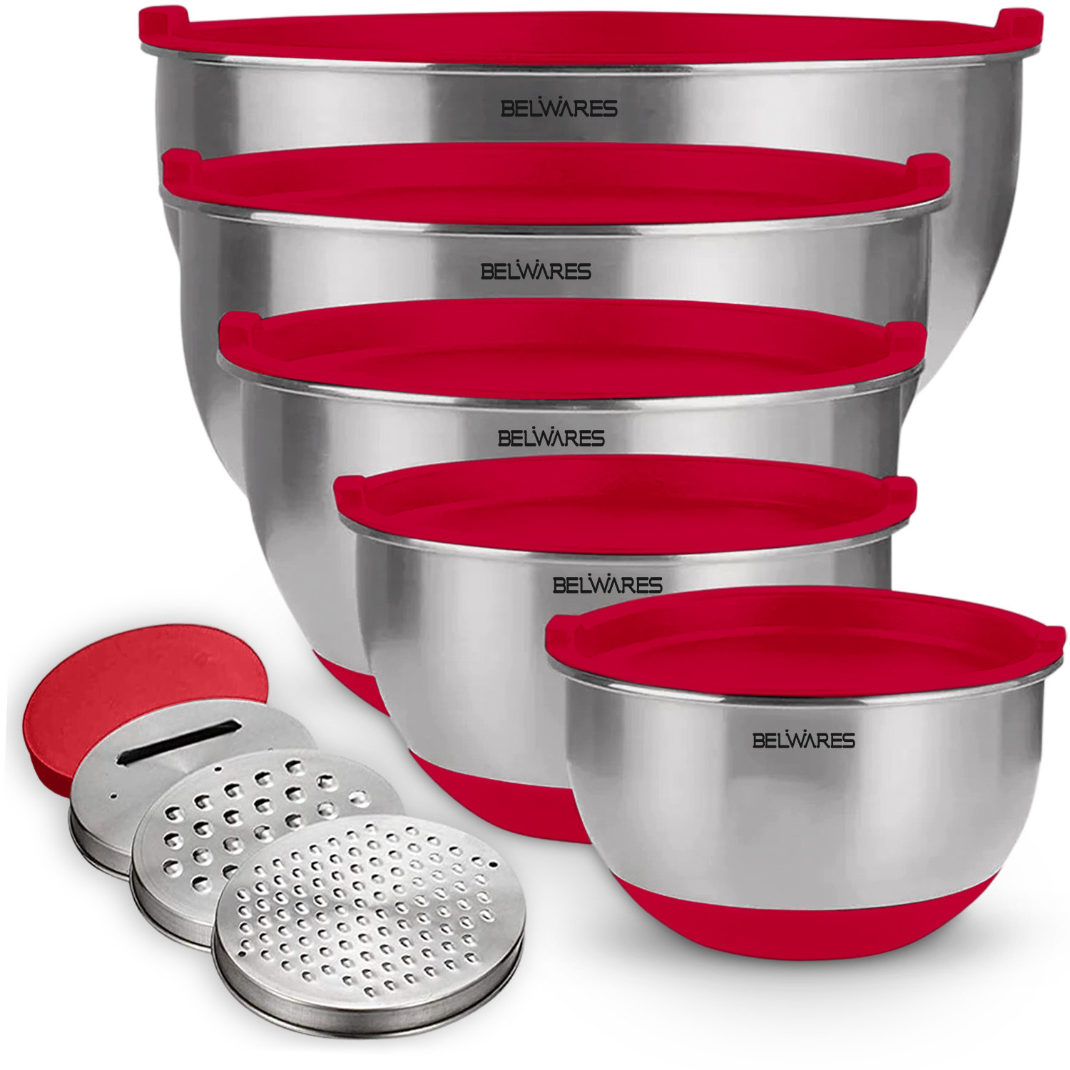 Belwares Mixing Bowls with Lids Set - Nesting Bowls with Graters, Handle,  Pour Spout, Airtight Lids - Stainless Steel Non-Slip Mixing Bowl for