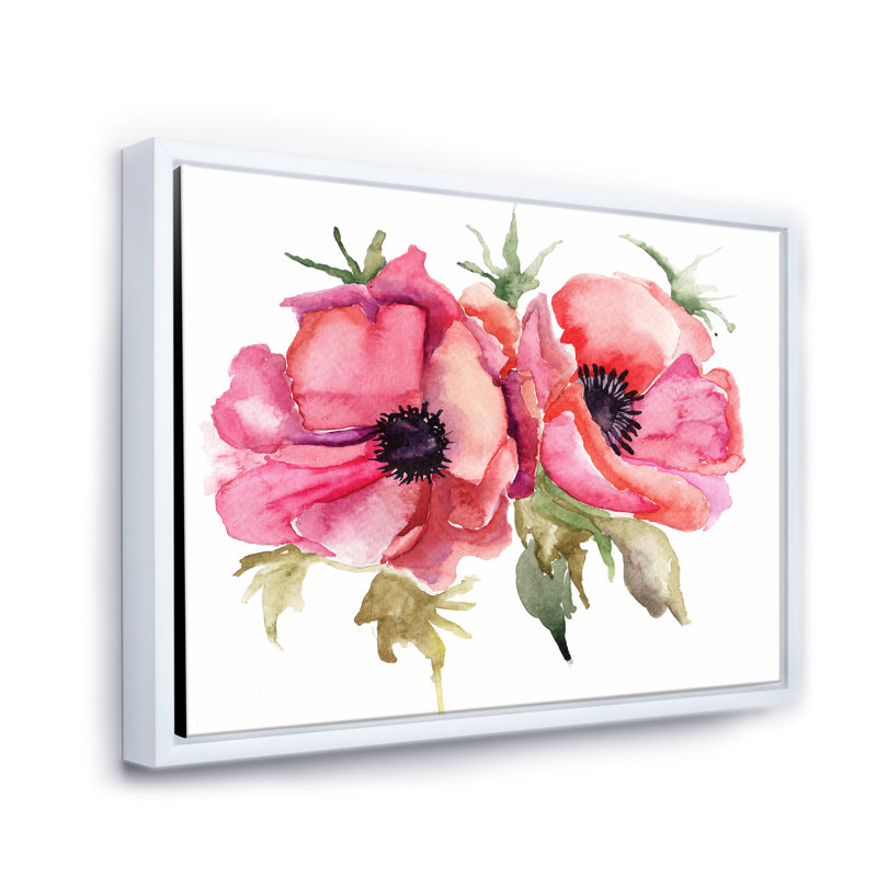 Fleurs de coquelicot stylisées - peinture sur toile, H 30 po x l 40 po x p 1 po, Toile blanche encadrée