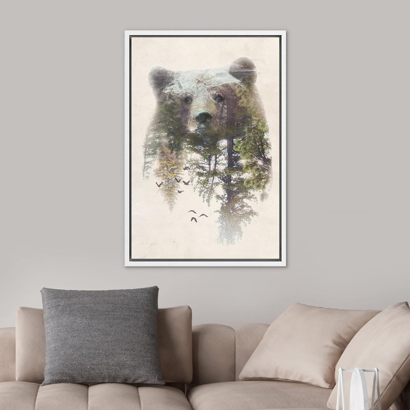 Ours et forêt printanière, exposition double, animaux, faune, art rustique, portrait rustique, Cadre flottant blanc