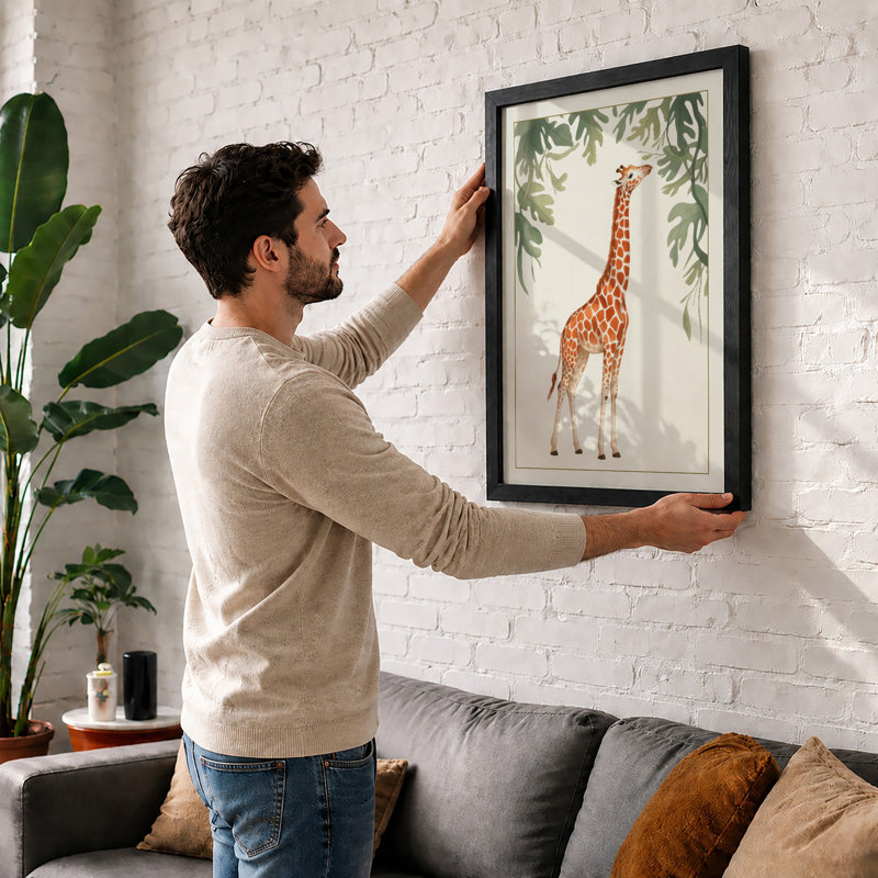 Giraffe Reaching High Boho - Framed Print, A1 - 84.1 x 59.4 cm, Black