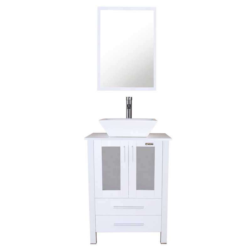 24'' White MDF Freestanding Bathroom Vanity with Ceramic Vessel Sink