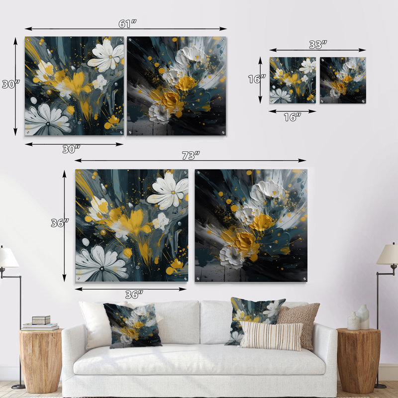 Jaune et blanc, jacinthe, paysage I - ensemble de 2 verres muraux en acrylique, H 36 po x l 73 po