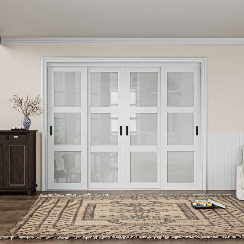 80"H 4-Panels Full-Assembled Tempered Glass Closet Sliding Doors With Hardware Kit & Handles(No Assembly Required), 96" x 80"