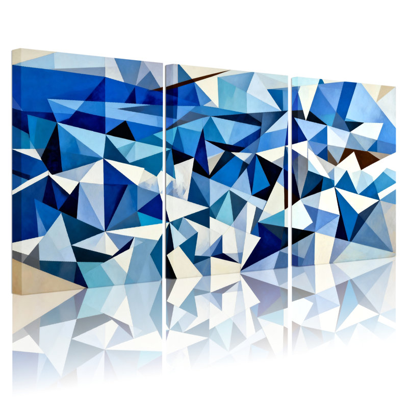 Ensemble de 3 tableaux abstraits géométriques à motifs de triangles bleus sur toile tendue, H 18 po x l 36 po