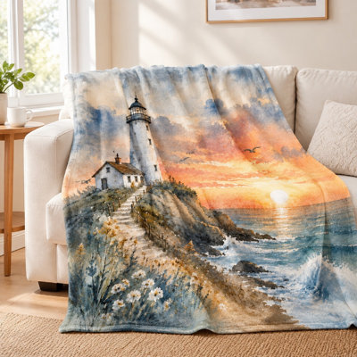 1Pcs Watercolor Lighthouse Scenic Blanket – Coastal Theme, Serene Ocean View, Artistic Design, Perfect for Living Room, Bedroom, and Outdoor Use, Cozy Warm Comfort, Ideal Gift. Bedding and sofa items