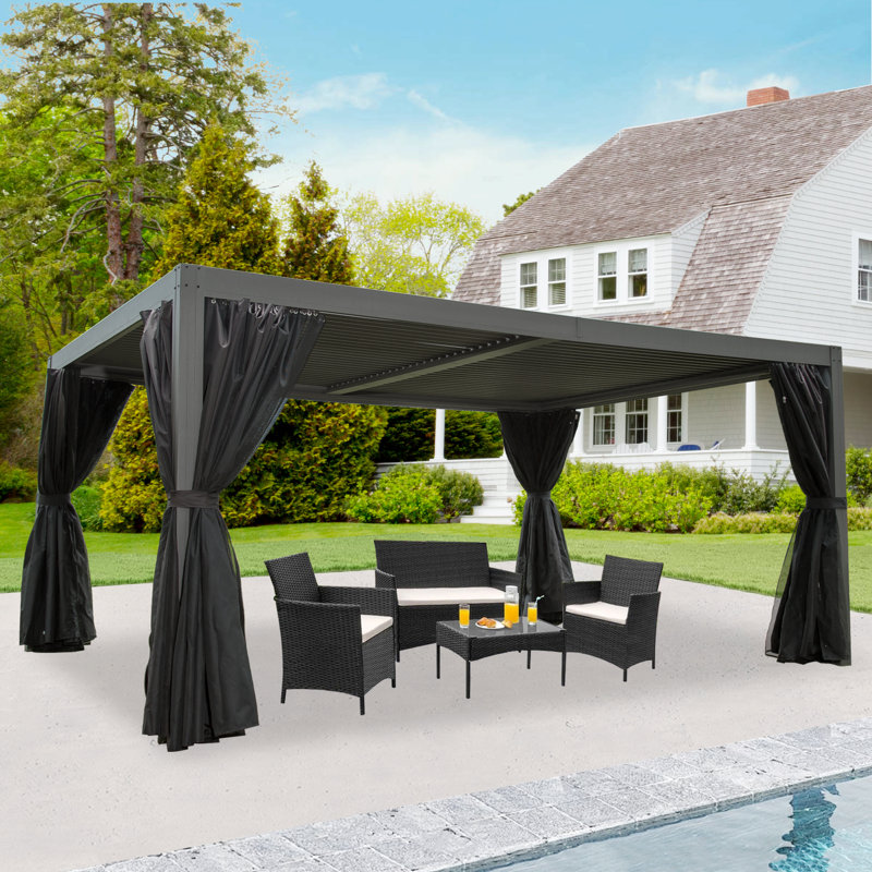 13 ft. x 10 ft. Aluminum Pergola with Adjustable Roof, Curtains & Netting, Gray