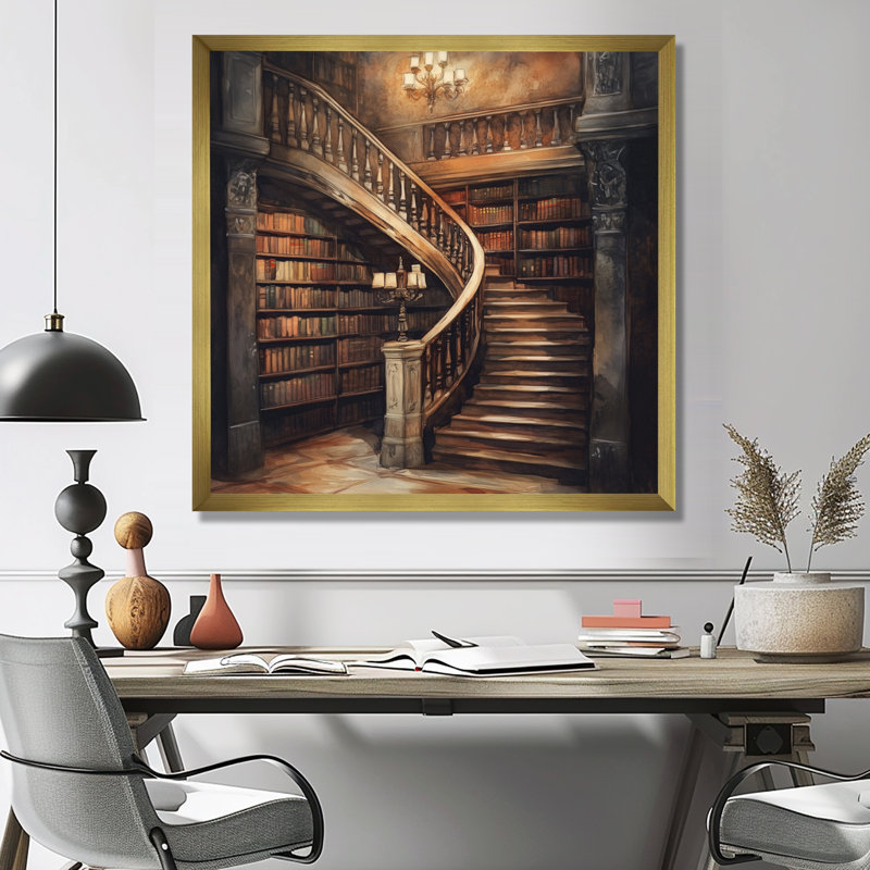 Escalier à travers les étagères - Tableau encadré de bibliothèque, H 36 po x l 36 po, Gold Picture Framed