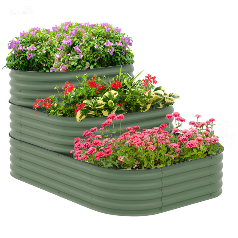 3-Tier Galvanized Steel Raised Garden Bed Kit for Backyard, Garden, Patio, with Open Bottom and Rubber Strip Edging, Green