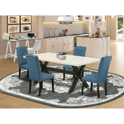 Cet ensemble de salle à manger 5 pièces comprend une table de salle à manger rectangulaire avec des pieds en X et 4 chaises Parson revêtues de tissu de lin, noir brossé