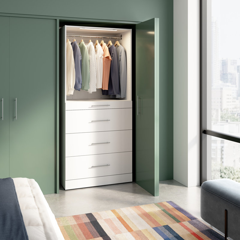 Bestar Florence 25D Modular Reach-In Or Walk-In Closet System Tower With LED Light, Shelves And 4 Drawers, Slab Style
