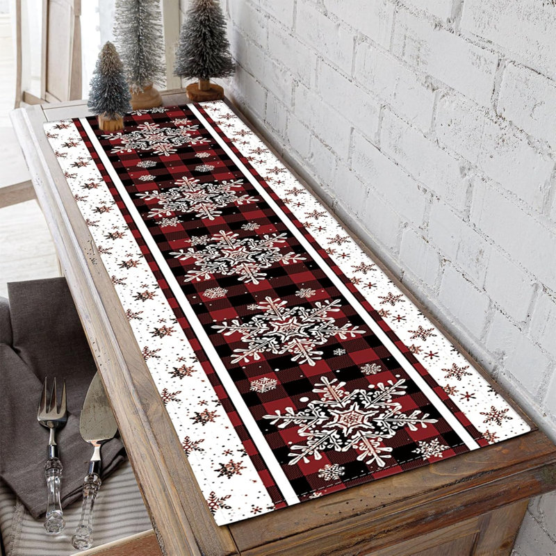 Snowflakes Christmas Table Runner With Buffalo Plaid, Winter Xmas Holiday Kitchen Dining Table Decoration For Indoor Outdoor Home Party Decor 13 X 72