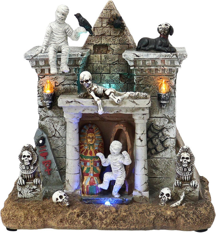 Pyramide momie d'Halloween de 22 cm de hauteur - Lumières DEL, musique, piles - Résine peinte à la main