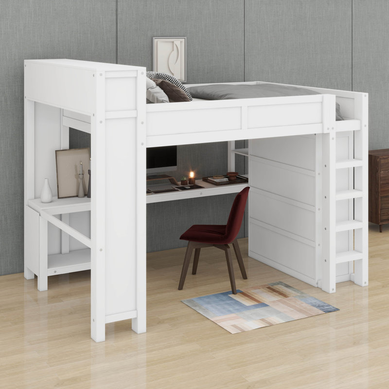 Grand lit mezzanine avec garde-robe et bureau, Blanc