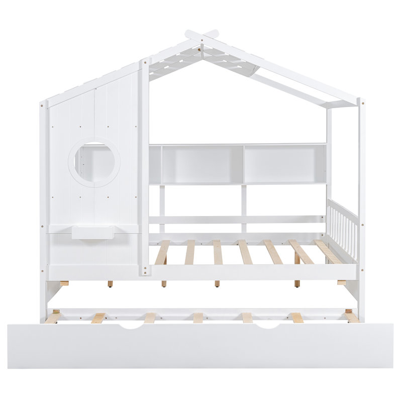 Lit double blanc en bois avec lit gigogne, tablettes de rangement, toit charmant, construction compacte, tablette moderne de L 78 po x l 72 po, espace de jeu, espace de sommeil semi-fermé,