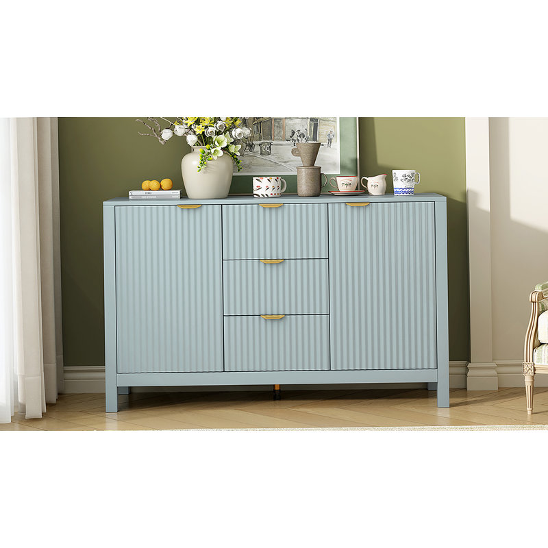 Buffet à motif ondulé - 3 tablettes réglables, 3 tiroirs et portes à fermeture en douceur, console de rangement avec poignées en métal, convient pour le bureau, le couloir et le salon, 3 couleurs