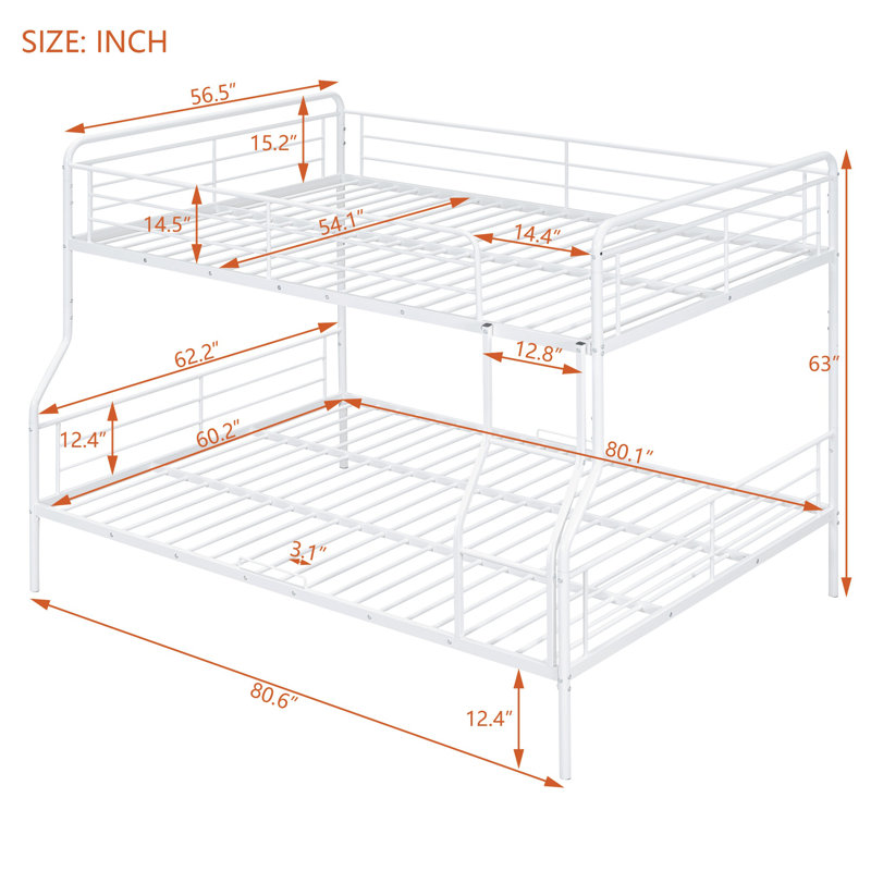 Lit double superposé au-dessus de grand lit double en métal - Lit mezzanine moderne avec peu de place, Blanc