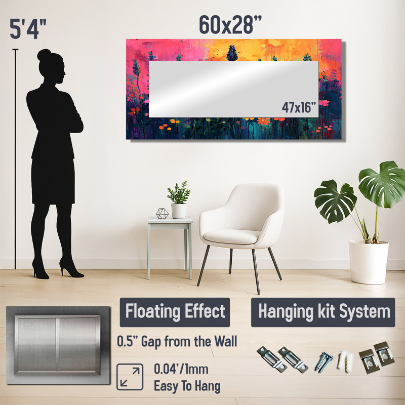 Neon Herbs Pop Art - Art mural grand miroir à motif floral - imprimé sur métal, 28 po x 60 po