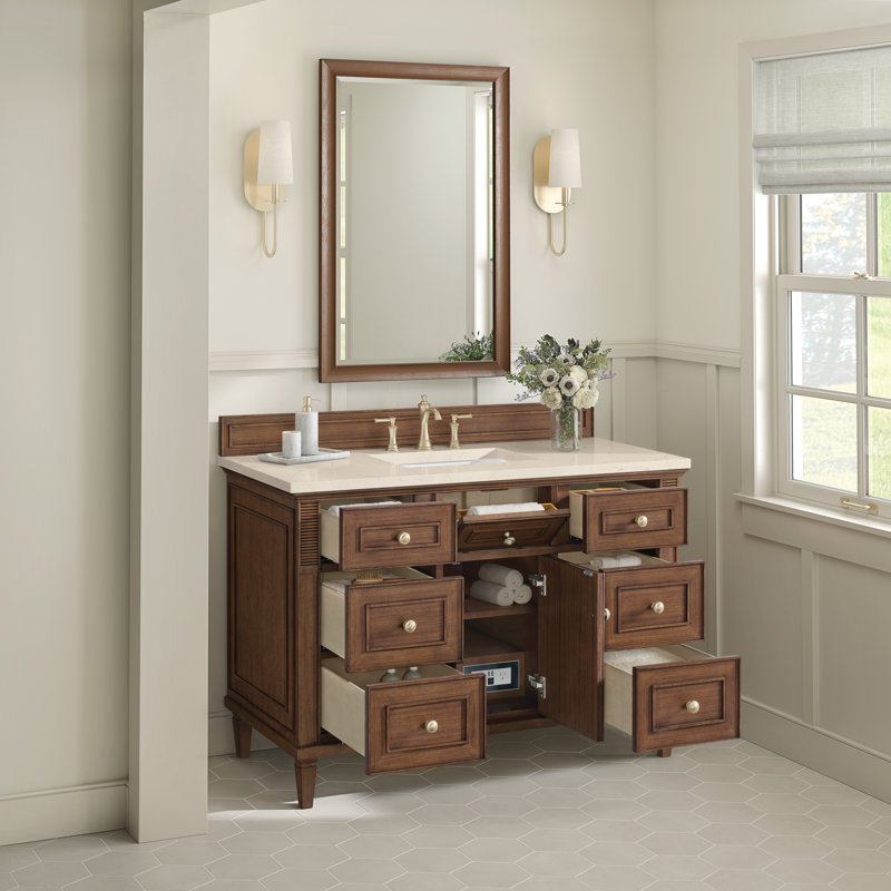 Lorelai 48'' W Single Vanity, Mid-Century Walnut, Carrara White Marble, 8" Widespread