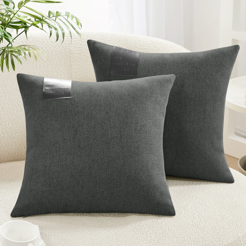 Decorative Solid Pillow Covers with Leather Label (Set of 2), 16"H x 16"W, Dark Gray