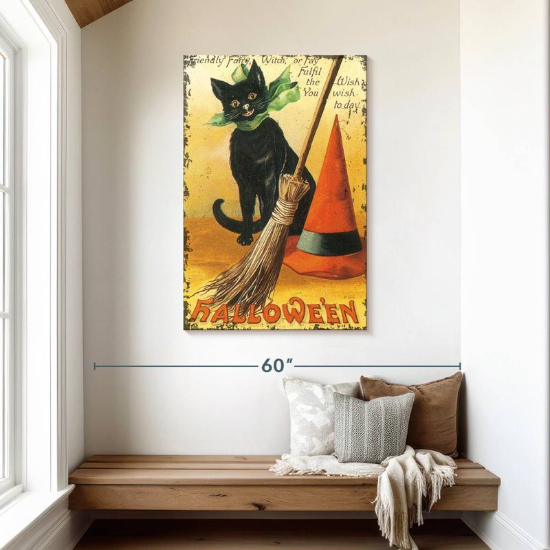 Chat nostalgique avec balai Lelend Halloween, H 45 po x l 30 po