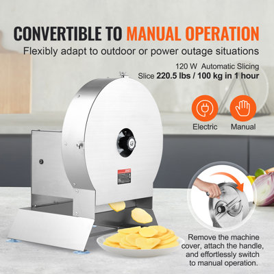 Electric Vegetable Slicer, 0-0.5"/0-12mm Thickness Adjustable Commercial Slicer Machine, Convertible to Manual, Stainless Steel Food Cutter Slicing Machine, Large Feed Port for Potato, Tomato