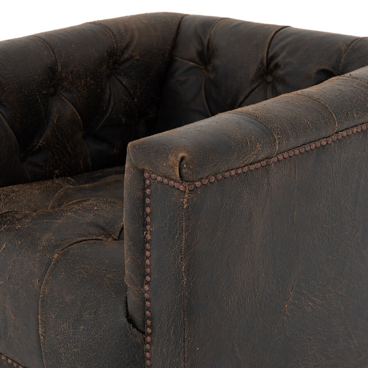 Byer Oak Genuine Leather Swivel Armchair, Destroyed Black Leather
