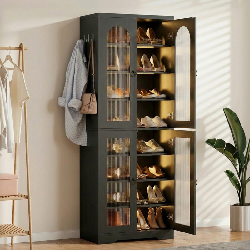 24 Pair Shoe Cabinet With LED Lights and Adjustable Shelves, 67.5" Tall Storage Cabinet for Entryway, Closet, Living Room