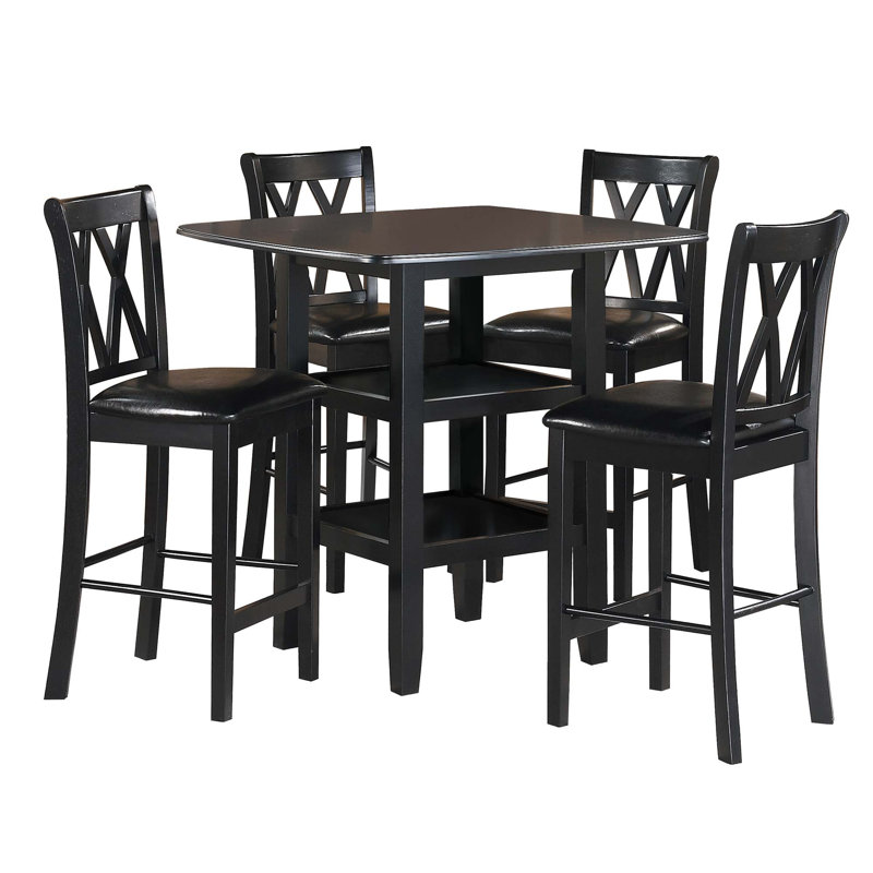 Ensemble de table de salle à manger à hauteur de comptoir 5 pièces avec tablettes inférieures et 4 chaises en similicuir