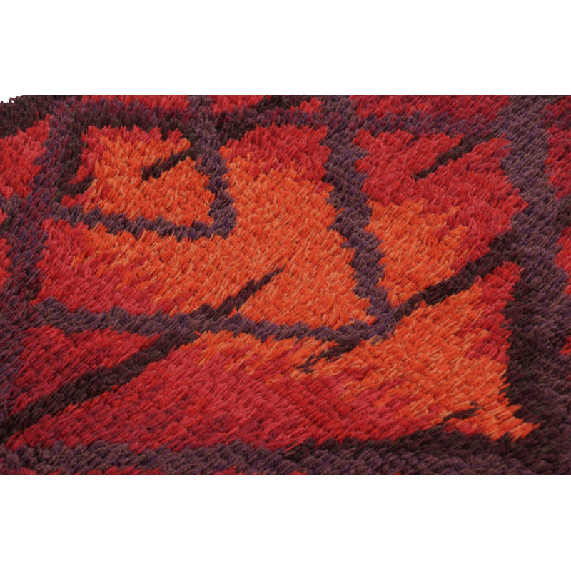 Vintage Swedish Rya Runner Rug, Bold Scandinavian Geometry In Red - Rug & Kilim
