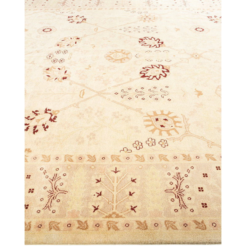 Tapis unique noué à la main ivoire / rouge de 9 pi x 11 pi 10 po