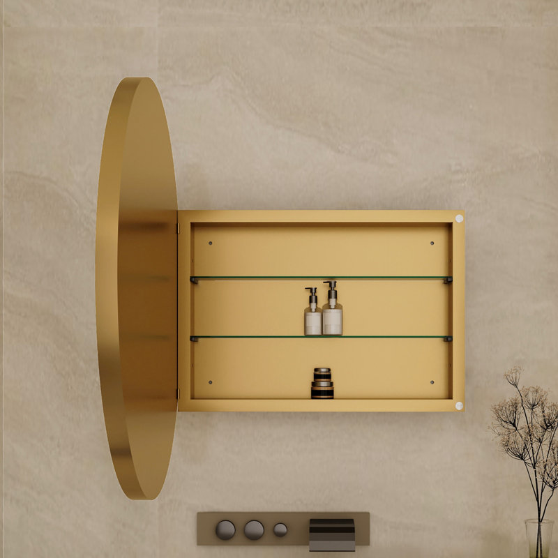 Miroir mural rond avec tablettes réglables, Doré